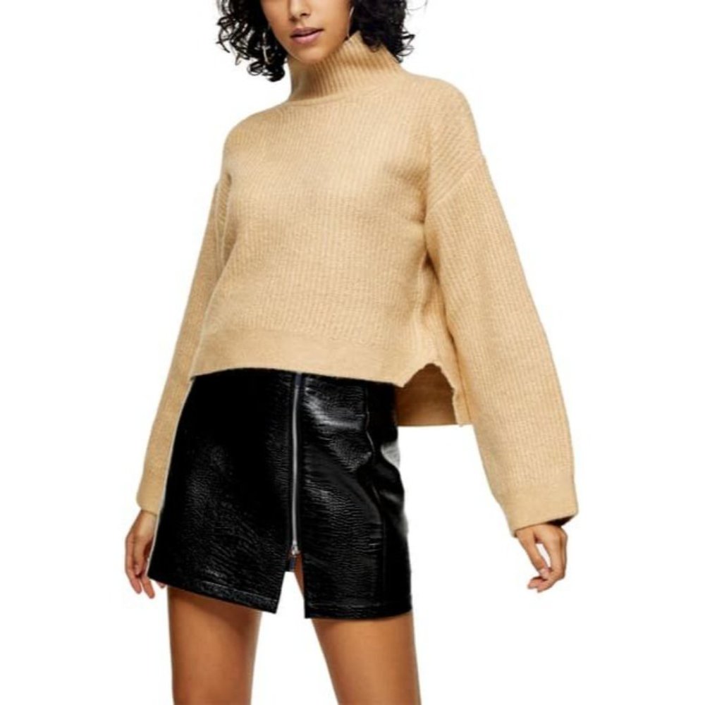 Topshop Women's Funnel Neck Crop Sweater Color Camel Size 0 2 XS